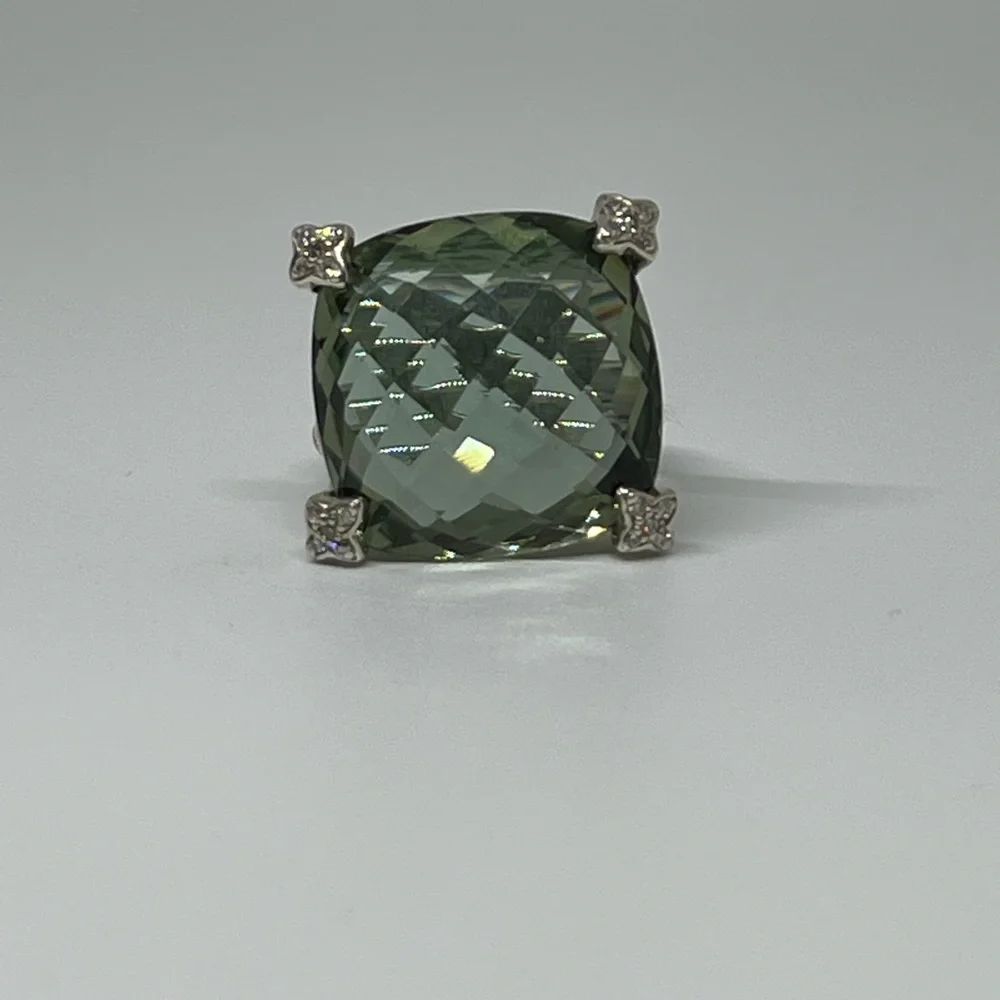 David Yurman Cushion On Point ring in silver, diamonds and prasiolite - Picture 12 of 13